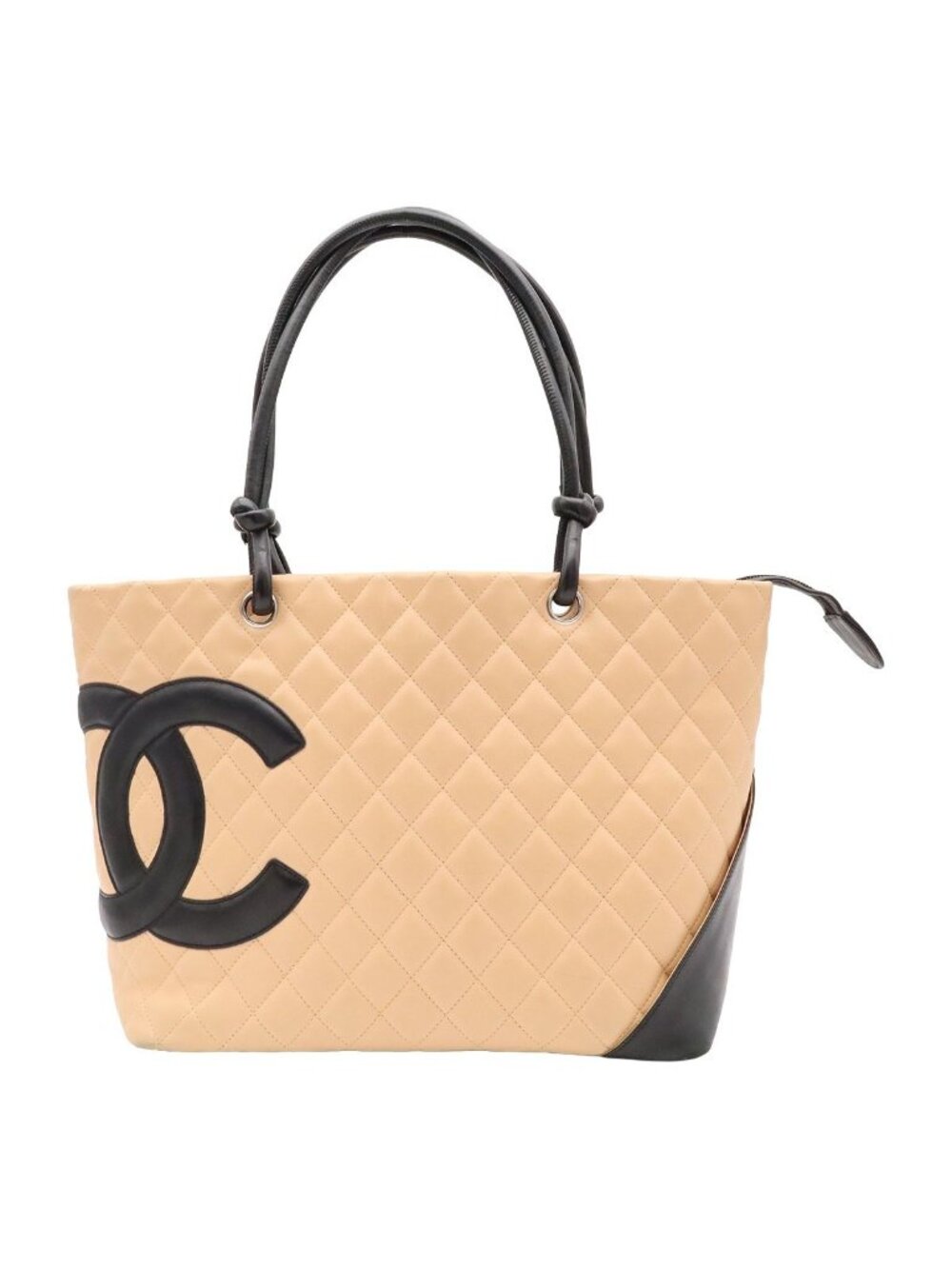 Chanel Cambon Line CC Logo Large Tote Shoulder Bag Soft Calfskin Beige Black